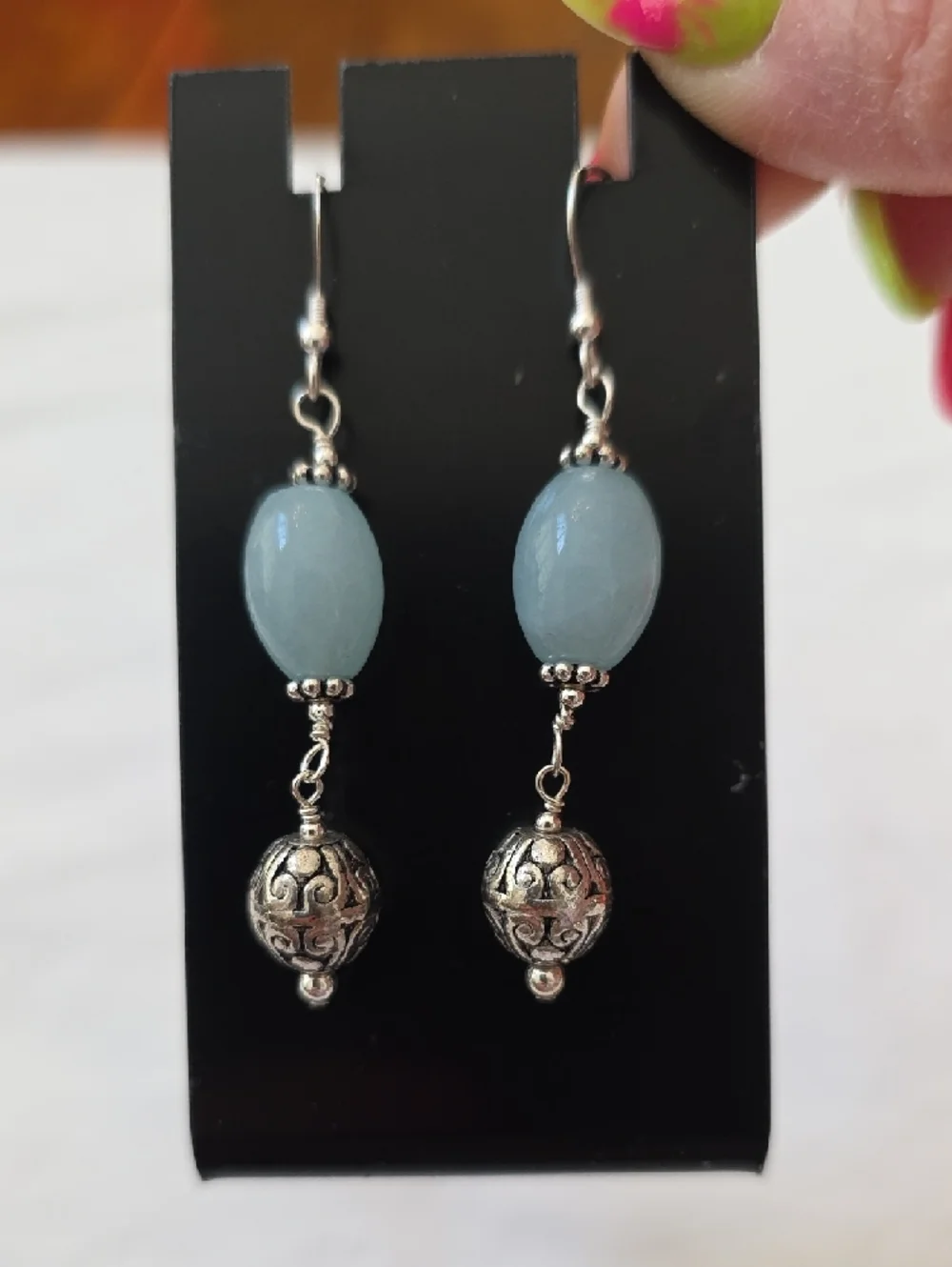 Sterling Silver Drop Earrings with Aquamarine Beads and Filigree Orbs